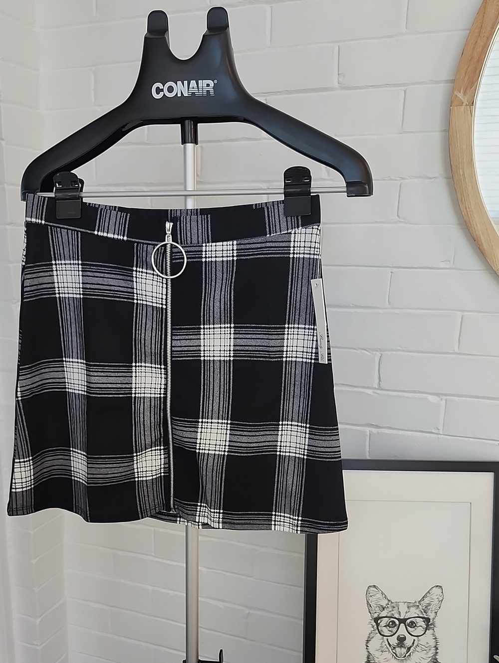 Black & White Plaid A-Line Skirt with Ring Zip, Large